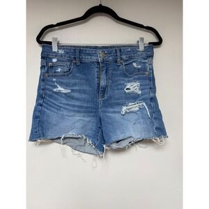 American Eagle Denim Shorts High Rise Shortie Distressed Rips Blue‎